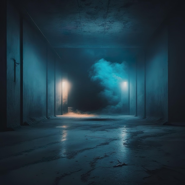 Een donkere kamer met een blauwe wolk in het midden en een licht op de muur.