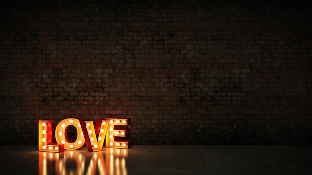 Een donkere kamer met een bord met de tekst liefde in oranje letters