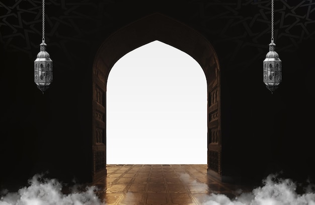Een donkere kamer met een deur en rook die eruit komt Moslim heilige maand Ramadan Kareem Ramadan