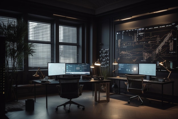 Een donkere kamer met een groot raam waarop 'cyberbeveiliging' staat