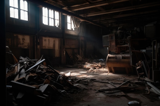 Een donkere kamer met een groot stuk hout in het midden en het licht dat door het raam schijnt.