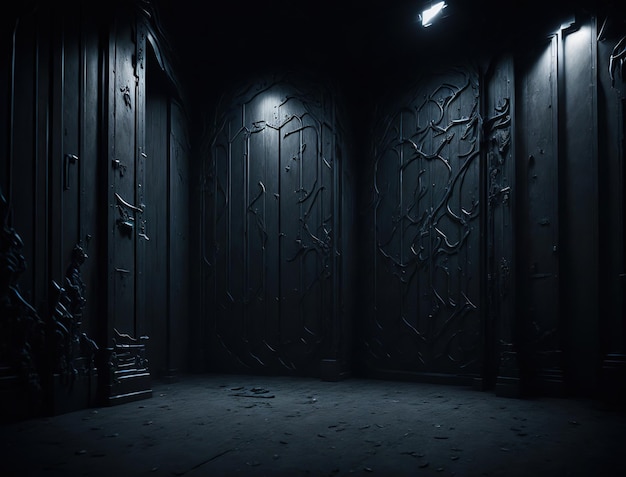 Een donkere kamer met een grote deur waarop staat 'de donkere kamer'