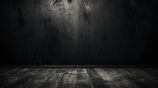 Foto een donkere kamer met een houtvloer en een houten vloer met een donkere muur erachter
