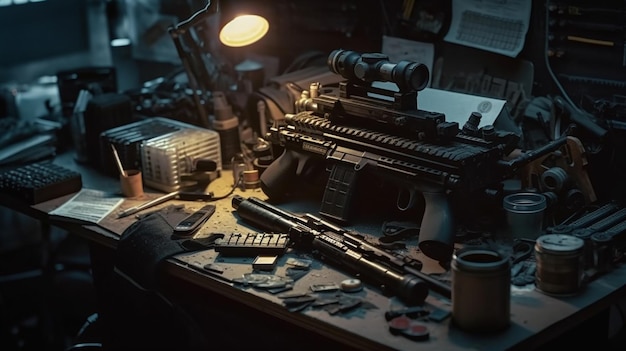 Een donkere kamer met een pistool en andere voorwerpen erop