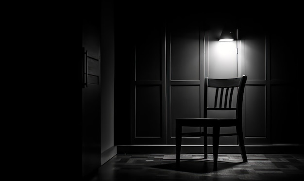 Een donkere kamer met een stoel en een lamp aan de muur
