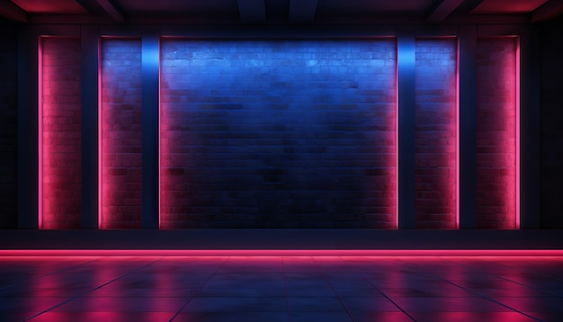 een donkere kamer met een verlichte muurruimte met een blauwe en roze neonmuur die oplicht