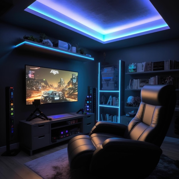Een donkere kamer met een zwarte stoel en een speelkamer met een spel op het scherm.