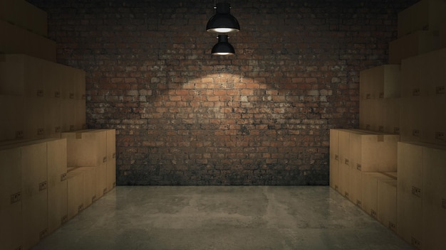 Een donkere kamer met houten kasten en een bakstenen muur waarop staat 'de donkere kamer'