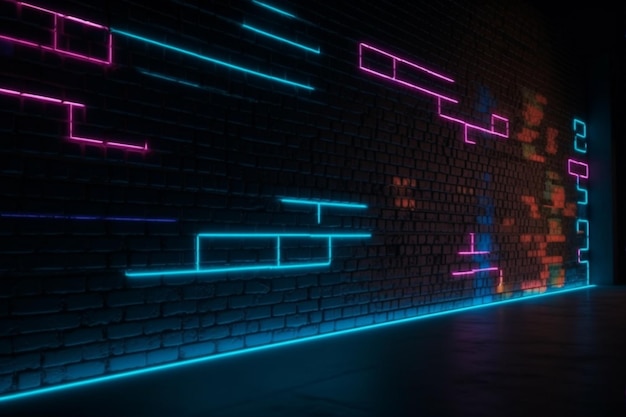 Een donkere kamer met neonlichten en een bakstenen muur neon muur achtergrond