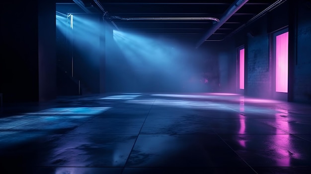Een donkere kamer met neonlichten en een blauw en roze bord met de tekst 'muziek'