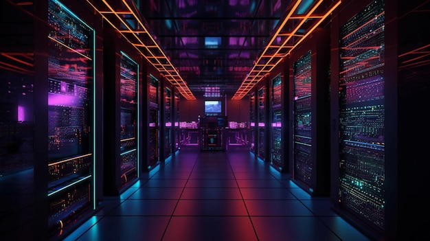 Een donkere kamer met neonlichten en een vloer waarop staat 'serverruimte'