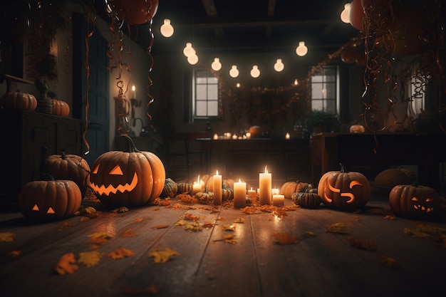 Een donkere kamer met pompoenen en kaarsen op de vloer en een verlichte pompoen met de woorden halloween