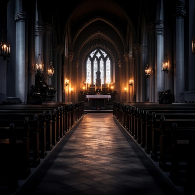 een donkere lege kerk met kerkbanken en kaarsen