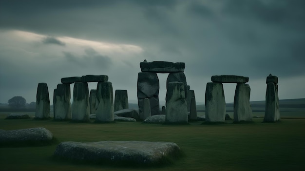 Een donkere lucht met een Stonehenge op de voorgrond.