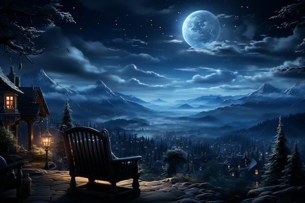 een donkere nacht met een bankje en een volle maan op de achtergrond