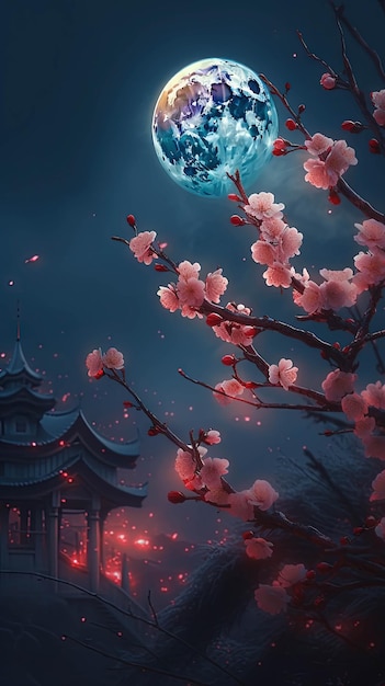 Een donkere nacht met een maan en een kersenbloesemboom