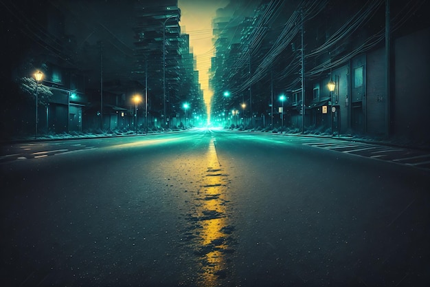 Een donkere stadsstraat met een gele lijn in het midden en een licht op de grond.