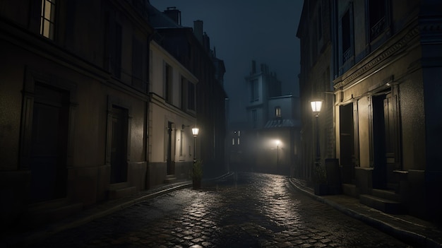 Een donkere straat in een donkere stad met lichten aan.