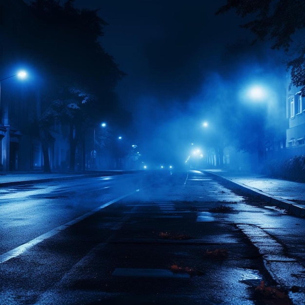 een donkere straat met een mistige straat en een boom aan de linkerkant