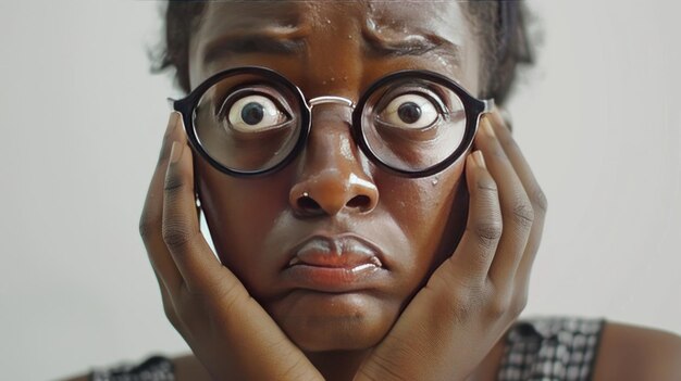 Een donkere tiener die stijlvolle dungarees en ronde zwarte bril draagt, ziet er bang en verbaasd uit