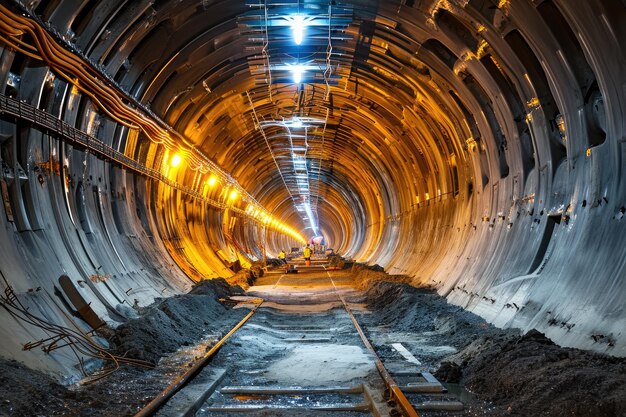 Een donkere tunnel met een treinspoor dat er doorheen loopt en wordt verlicht door de koplampen van een voorbijgaande trein Het bouwproces van een hightech tunnel met geïntegreerde veiligheidsfuncties