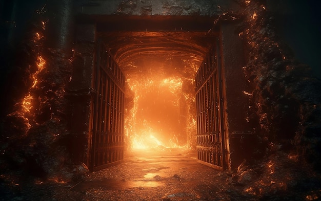 Een donkere tunnel met fel oranje licht en een deur met de tekst 'de donkere ridder'