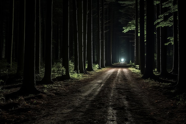 een donkere weg in het midden van een bos's nachts