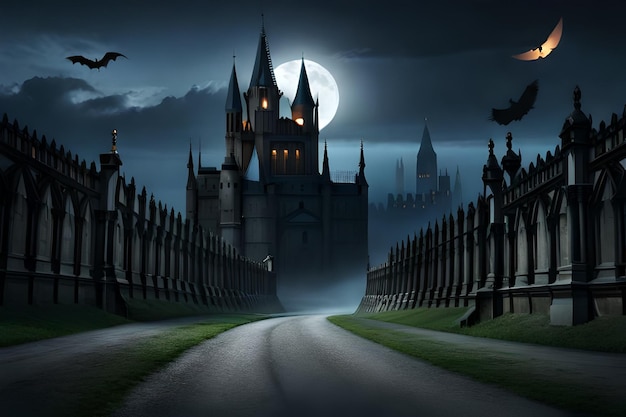 Een donkere weg leidt naar een kasteel waar vleermuizen omheen vliegen.