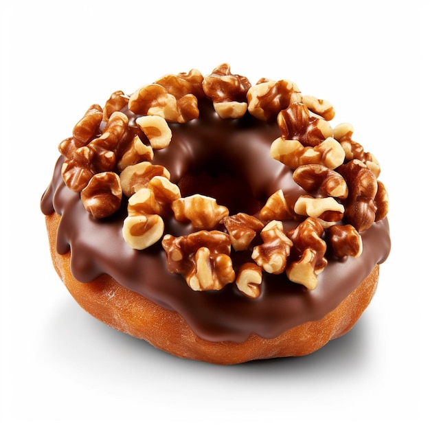 Een donut met chocoladeglazuur en walnoten erop