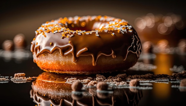 Foto een donut met chocoladesuikerglazuur en hagelslag op een tafel.