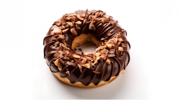 Een donut met chocoladesuikerglazuur en noten erop