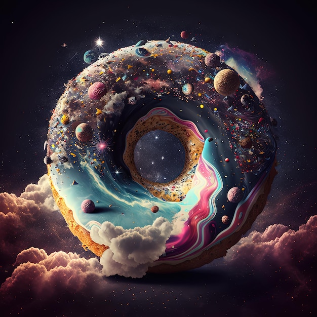 Een donut met een sterrenstelsel en het woord universum erop