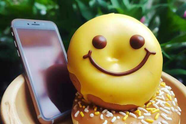 Een donut met een telefoon en een emoji