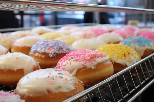 Foto een donut met gele druppels en druppels met druppels.