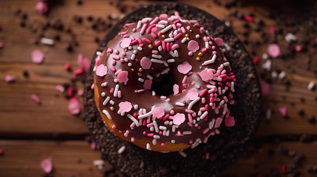 Een donut met hagelslag bovenop een houten tafel.