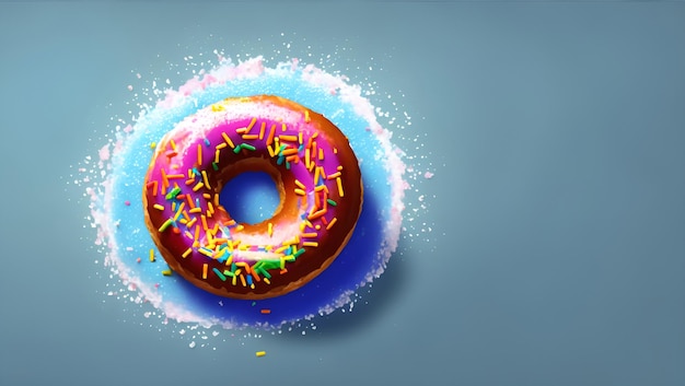 Een donut met hagelslag erop staat op een blauwe achtergrond.