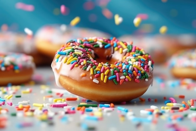 Een donut met hagelslag erop wordt omringd door andere donuts Generative AI