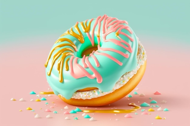 Een donut met roze en blauwe glazuur erop