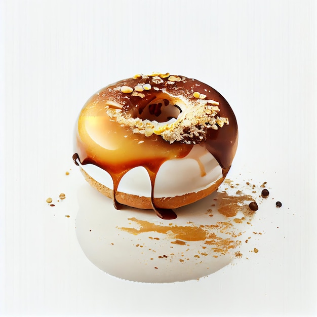 Een donut met toppings van chocolade en karamel staat op een witte achtergrond
