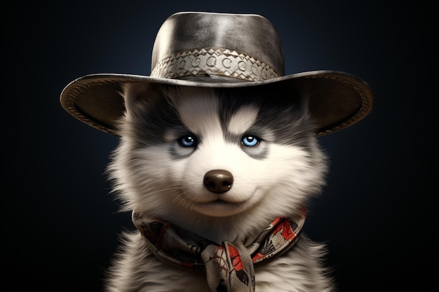 Een donzige Siberische Husky-puppy met een cowboyhoed en 00206 02