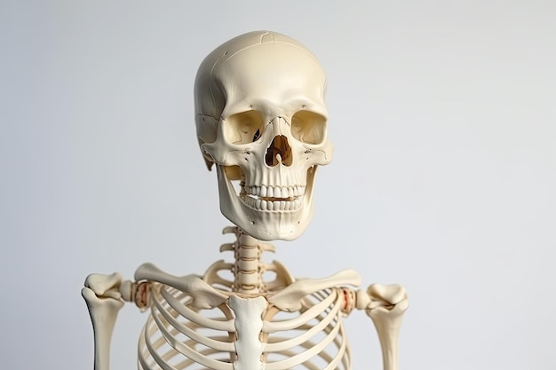 Een dood menselijk skelet model geïsoleerd op een witte achtergrond Medisch onderwijs over menselijk schelet Generatieve AI