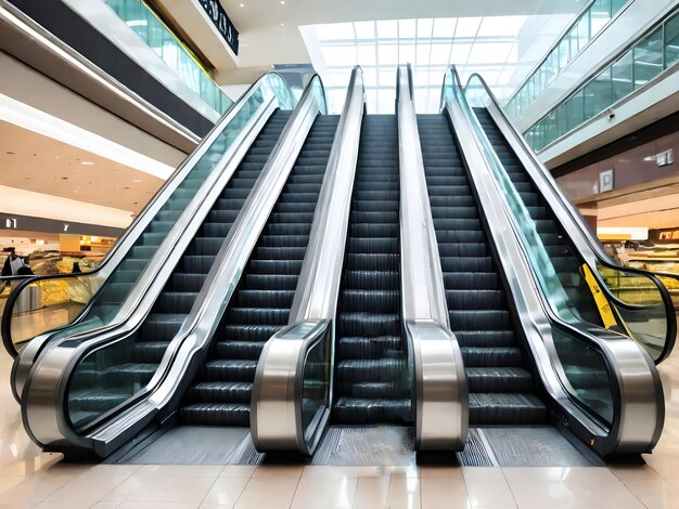 Een door AI gegenereerde afbeelding van moderne luxe roltrappen met trap op een luchthaven of in een supermarkt