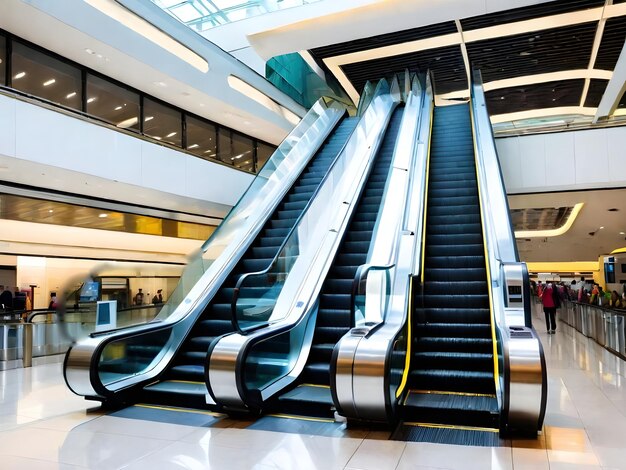 Een door AI gegenereerde afbeelding van moderne luxe roltrappen met trap op een luchthaven of in een supermarkt