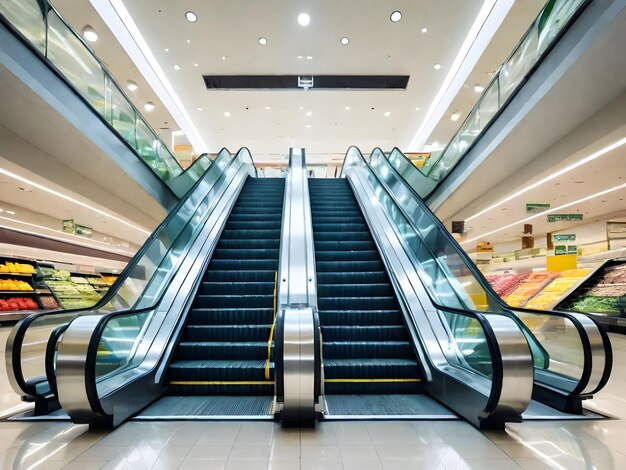 Een door AI gegenereerde afbeelding van moderne luxe roltrappen met trap op een luchthaven of in een supermarkt