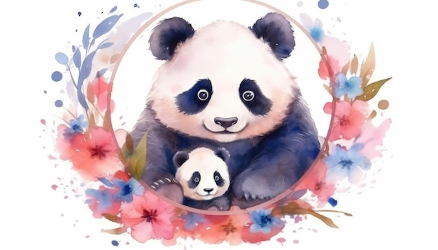 Een door AI gegenereerde aquarelillustratie van een schattige pandafamilie Generatieve AI