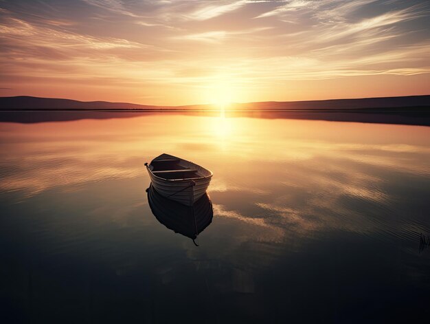 Een door AI gegenereerde boot die tijdens de zonsondergang op zee drijft