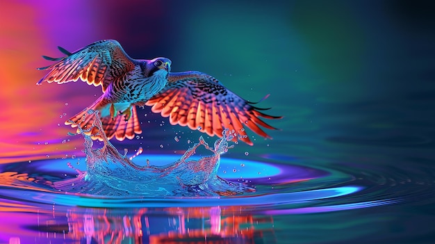 Een door AI gegenereerde druppel water stuitert boven het wateroppervlak een neonkleurige vogel die zijn vleugels opent en sierlijk boven het water zweeft