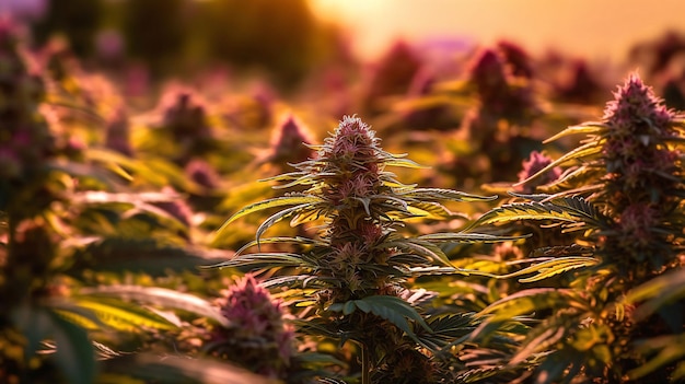 Een door AI gegenereerde illustratie van de boerderij Sunlit Pink Runtz, rijen weelderige planten, die de groei van de cannabisindustrie vertegenwoordigen.