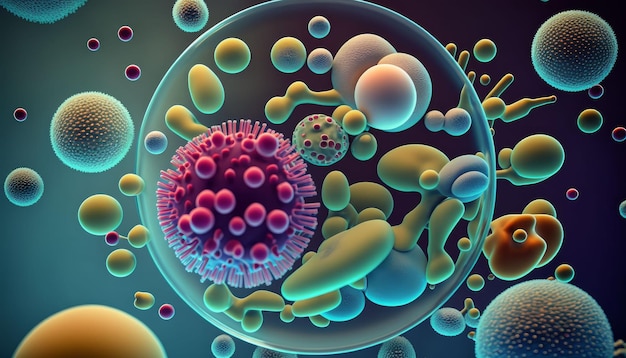 Een door AI gegenereerde illustratie van een cel, met coronavirus en verschillende kleine, cirkelvormige micro-organismen.