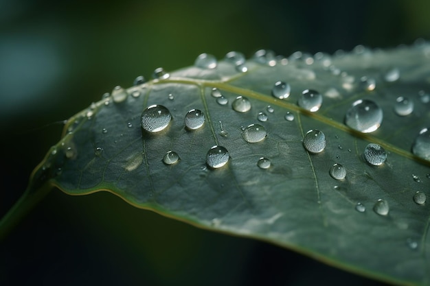 Een door AI gegenereerde illustratie van een groen blad met meerdere waterdruppels die er aan hangen.